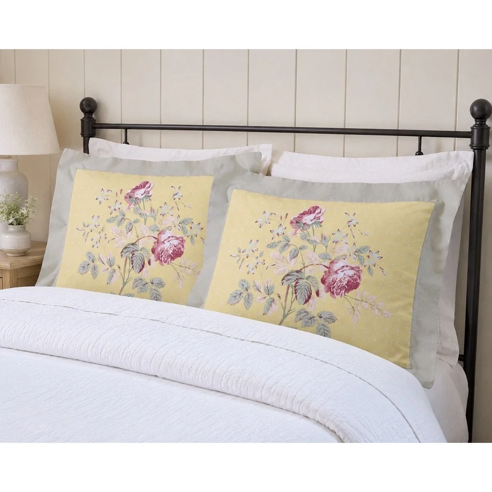 Pair Cottage Floral Full Size Pillow Shams Yellow Rose Sage Green Traditional